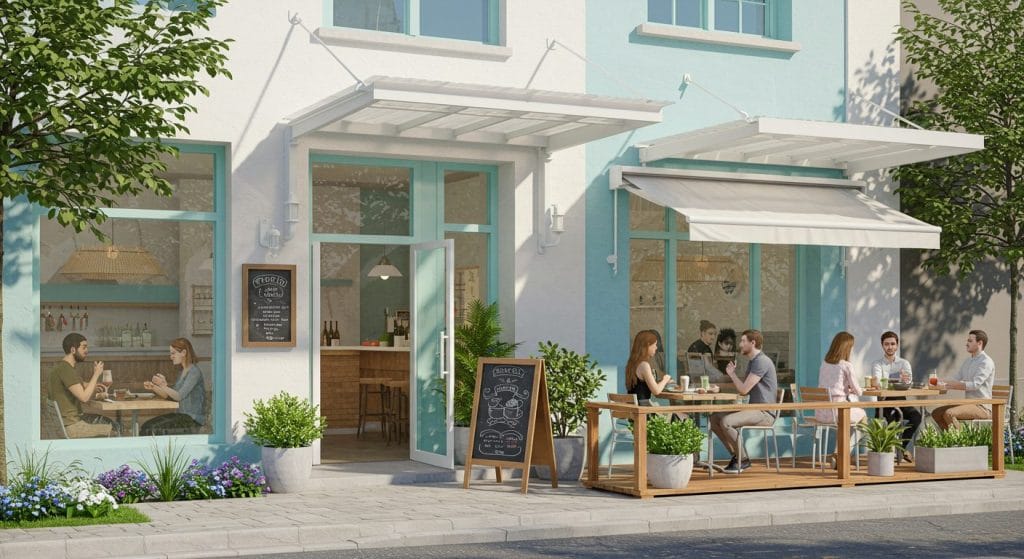 明るい日差しが差し込むレストランのテラス席で、にこやかに談笑しながらランチを楽しむ30代の男女