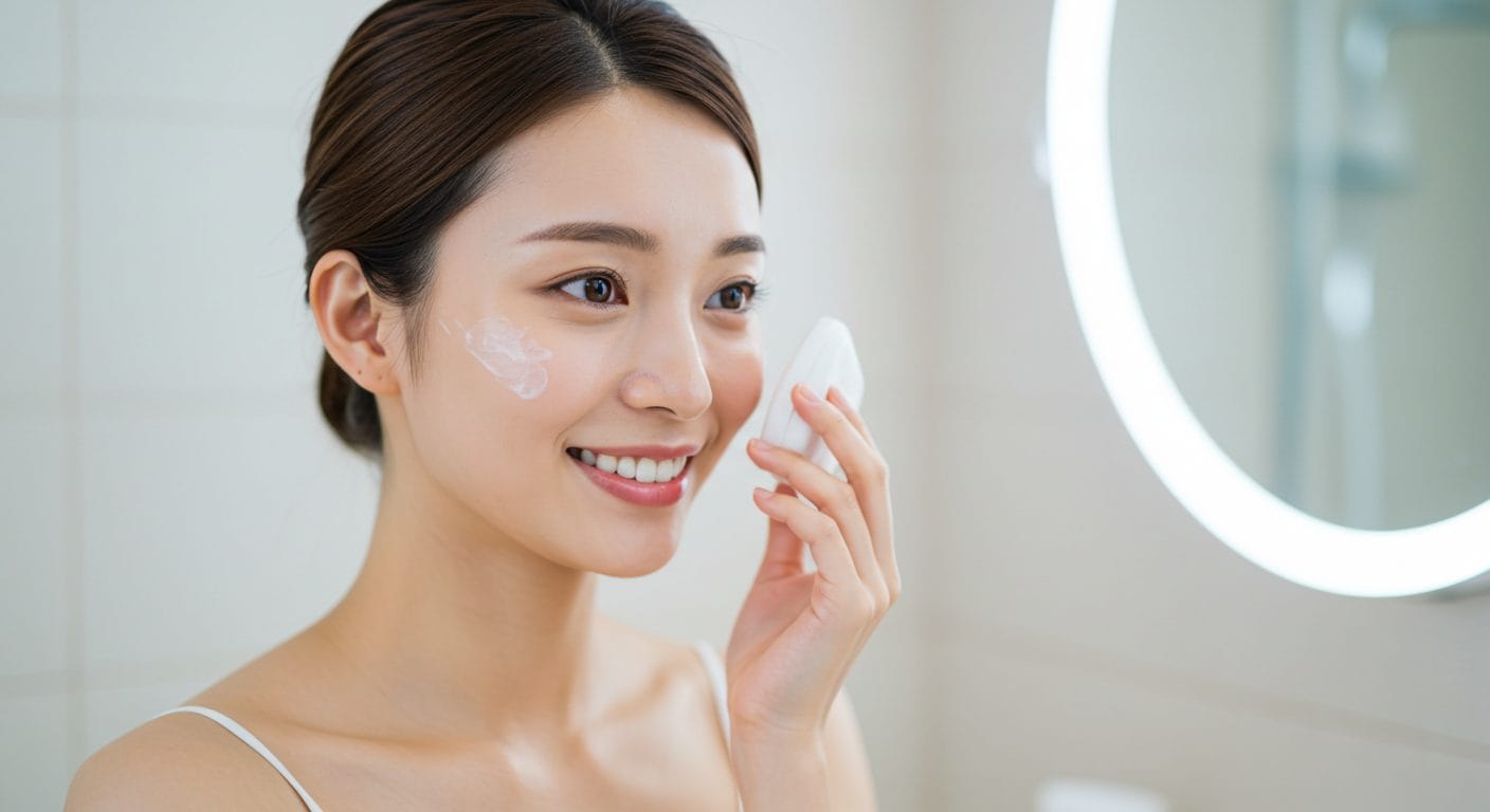 清潔感のある肌で笑顔を見せ、婚活で自信を持つ女性