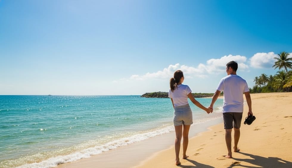 30代で理想の結婚相手を見つけ、幸せそうに浜辺を歩くカップル