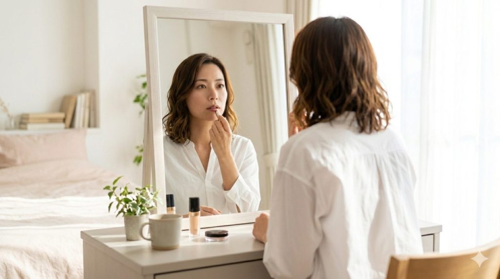 鏡に向かって丁寧にメイクを施し、自分を整える女性の姿