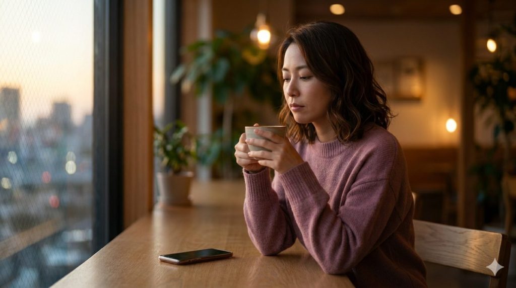 婚活アプリの画面を眺めながら焦りや不安を感じている女性の表情