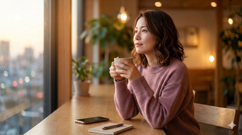 カフェでスマホを見つめながら婚活に行き詰まりを感じている35歳女性のイメージ