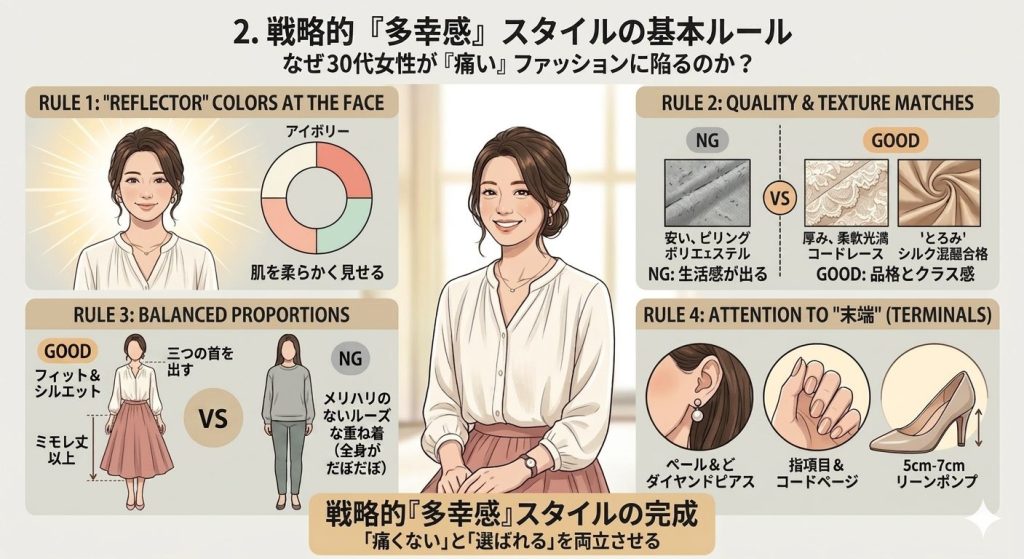 盛りすぎないアクセサリーや落ち着いた色選びで、洗練された印象を作るコツ